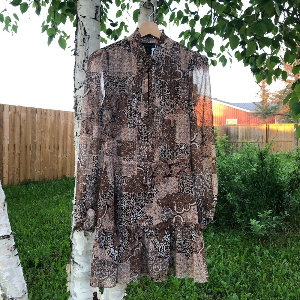 House of Harlow 1960 brown prairie Ruffle mini dress Magical puff sleeves size 2